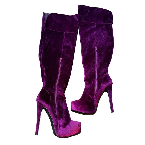 Platform Burgundy Velvet Over The Knee High Heel Boots Size 9.5 Goth Sexy Vamp - Picture 2 of 10